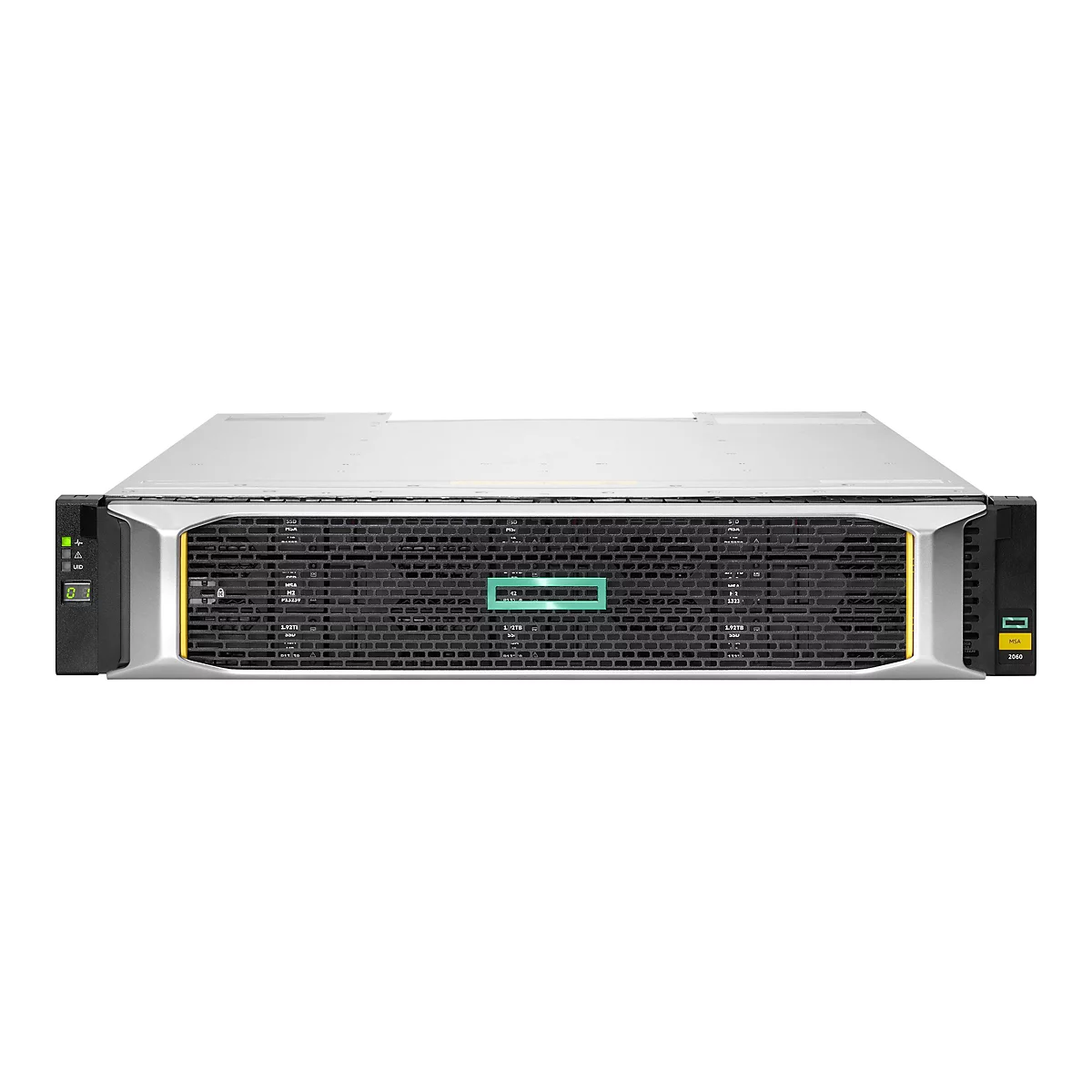 Ein Server-Rack mit schwarzer Front und gelben Akzenten, vor weißem Hintergrund. Grüne HP-Logo.