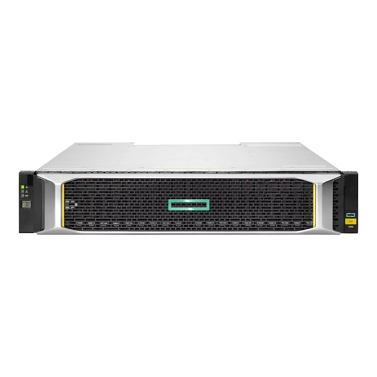 Ein Server-Rack mit schwarzer Front und grünem Logo. Es zeigt Anschlüsse, Anzeigen und das Logo des Herstellers.