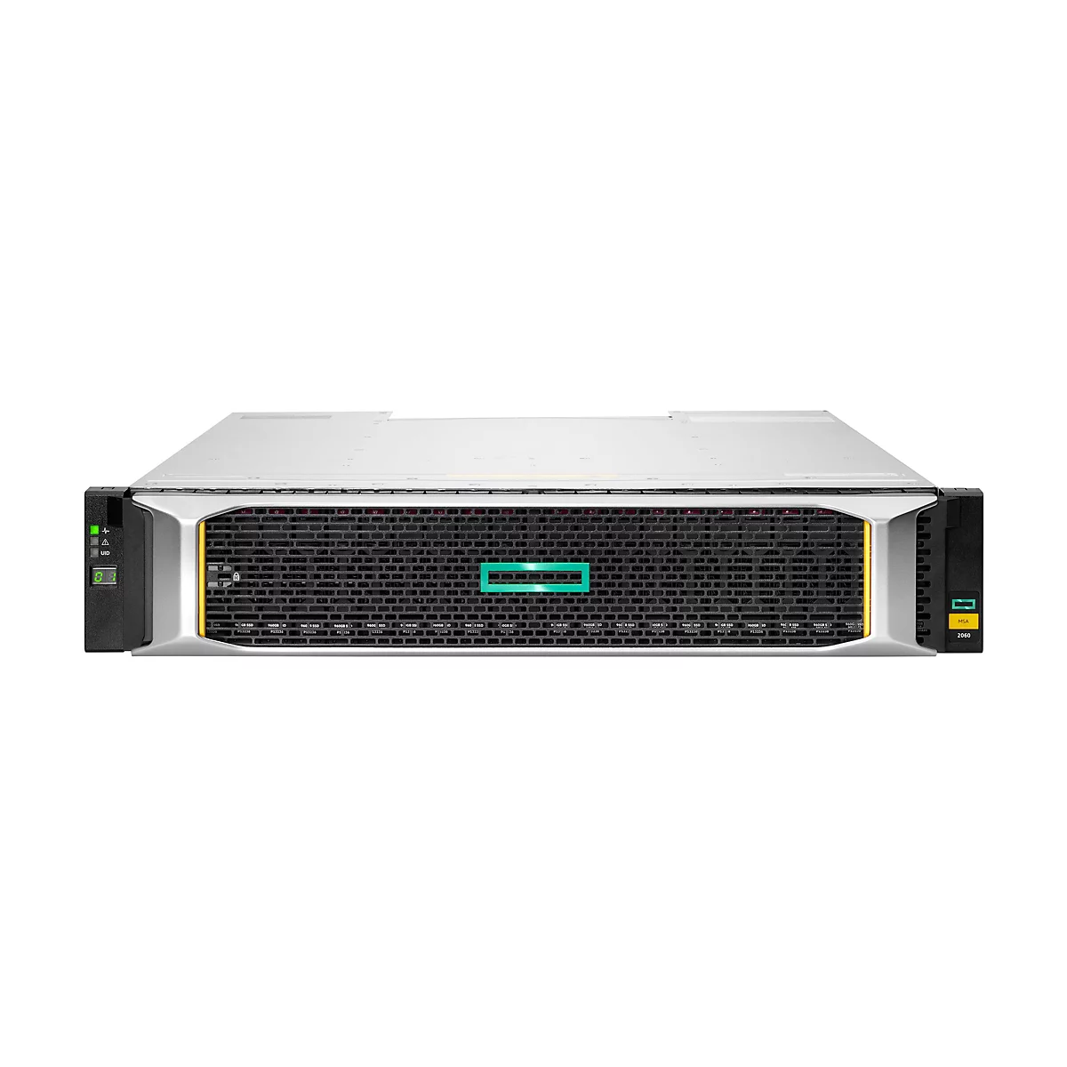 HPE MSA 2060 Storage-System mit vielen SSD-Einschüben vor weißem Hintergrund.