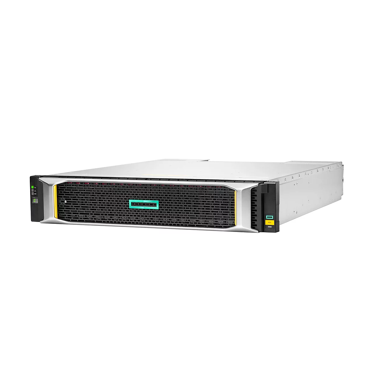 HPE MSA 2060 Speichersystem in einem silbernen Gehäuse mit schwarzer Frontblende und grünem Logo.