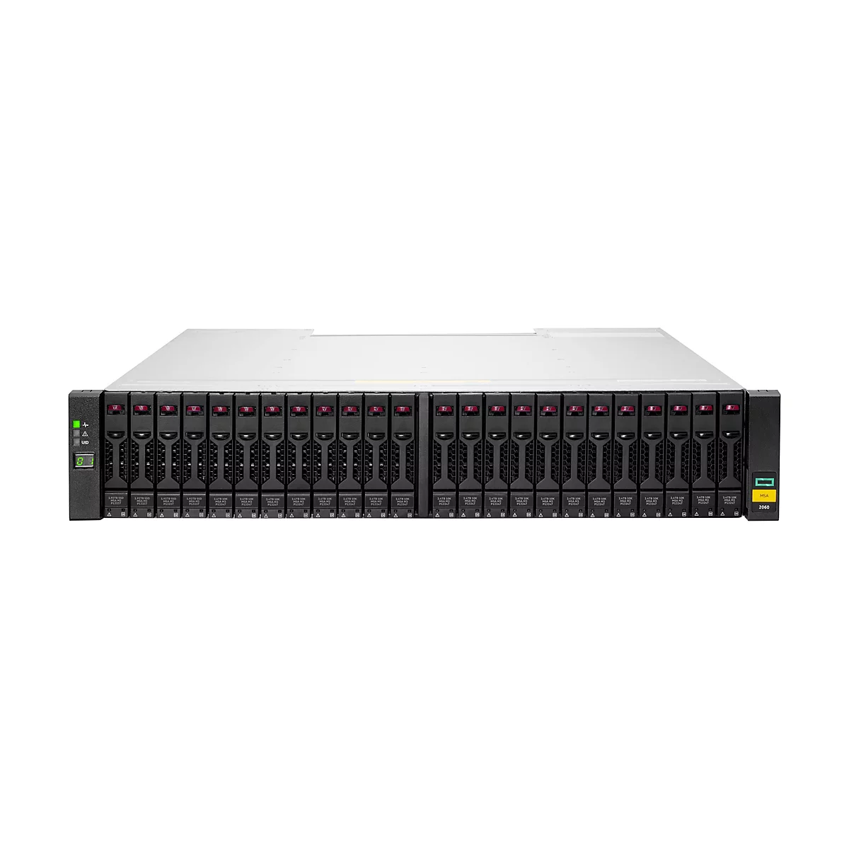 HPE MSA 2060 Speichersystem mit 24 Laufwerksschächten in einem schwarzen Rack-Gehäuse auf weißem Hintergrund.