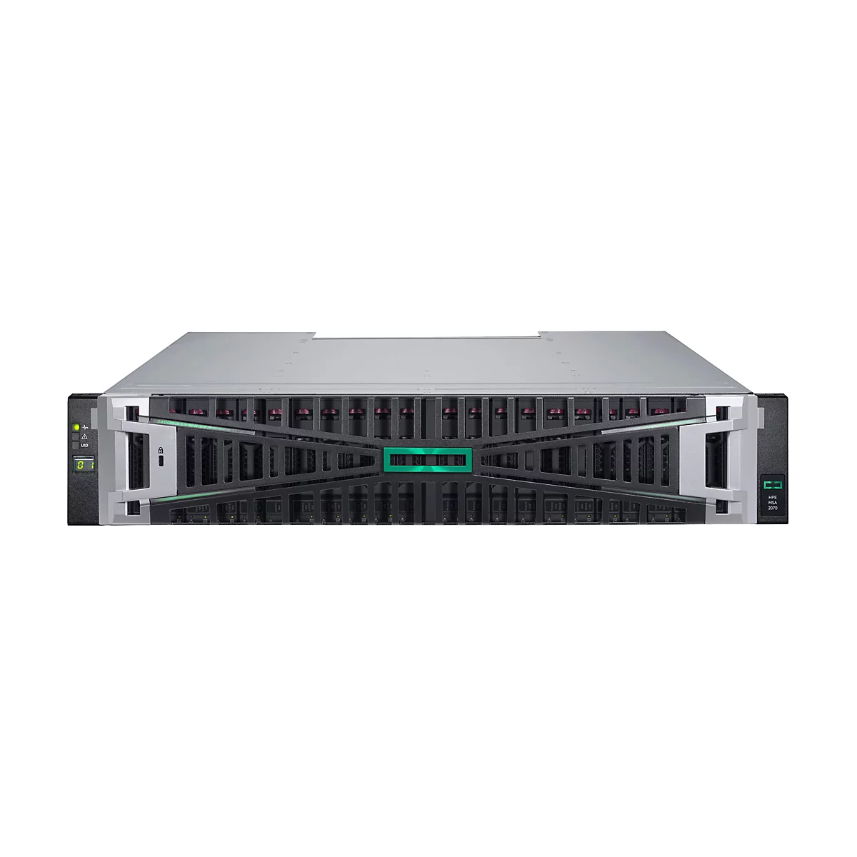 Ein Server-Rack mit mehreren Einschüben, schwarzer Front und grünem Akzent. Auf dem Gerät sind das HP-Logo und Modellbezeichnungen zu sehen.