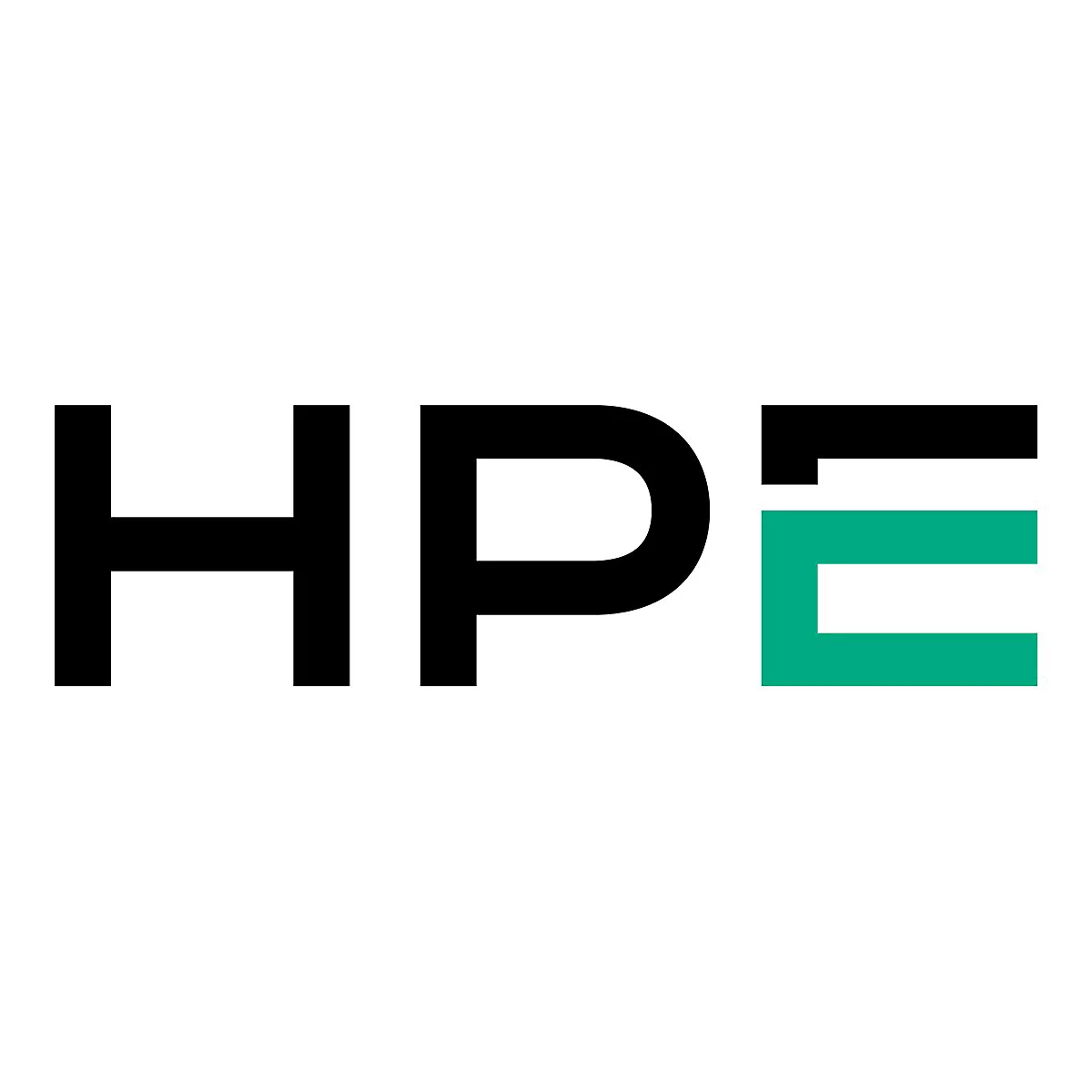 HPE Logo mit schwarzem H und P sowie grünem E auf weißem Grund.