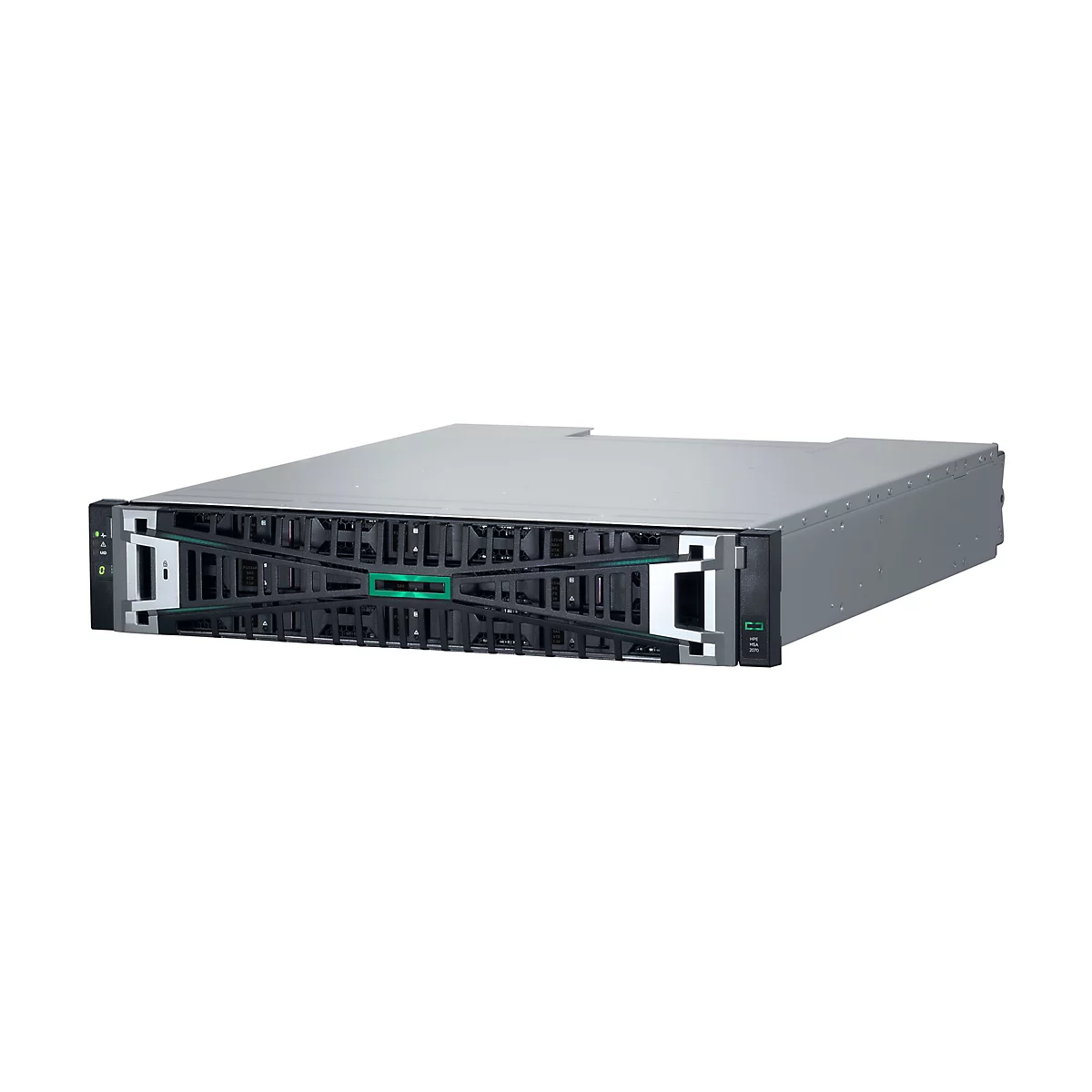 Un serveur gris, vue de face, avec des détails noirs et verts. Le logo HPE est visible.