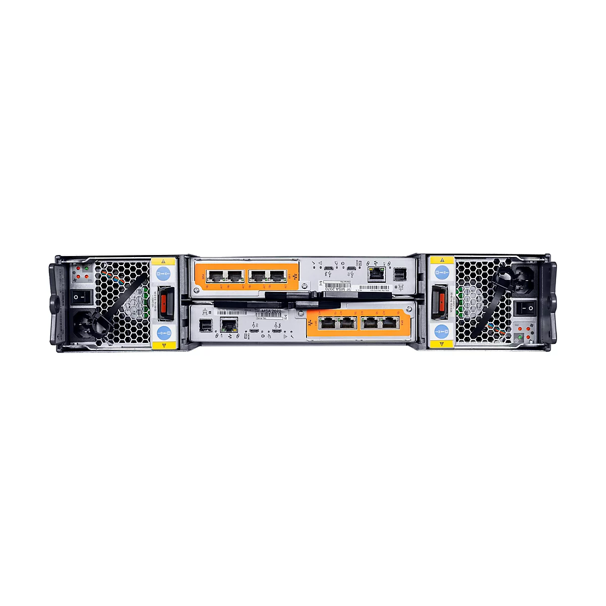 Vue de dessus d'un rack de serveur avec plusieurs ports, ventilateurs et fentes. Inscription "MSA 2070".