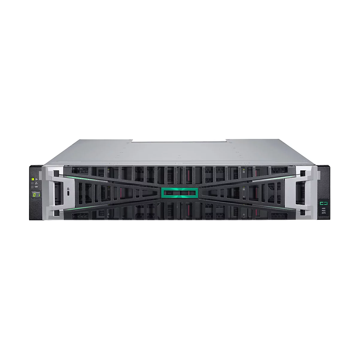 Un serveur en rack avec une façade grise et noire, des éléments verts et le logo HPE.