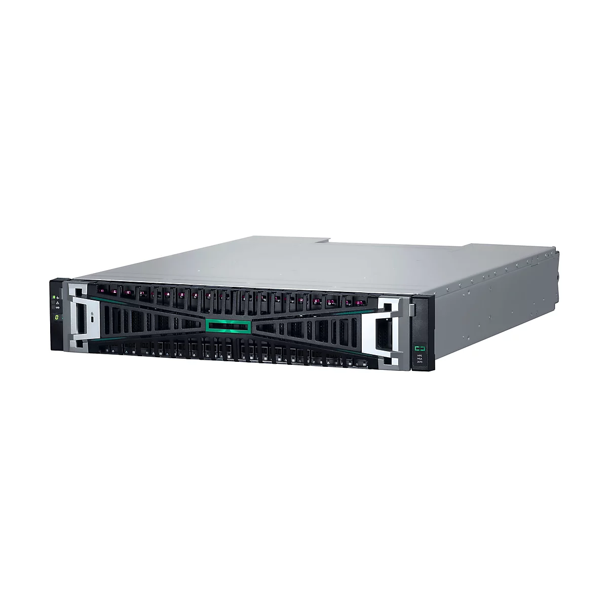 Un serveur rack gris avec des détails noirs et le logo vert HPE. De nombreuses baies pour disques durs sont visibles à l'avant.