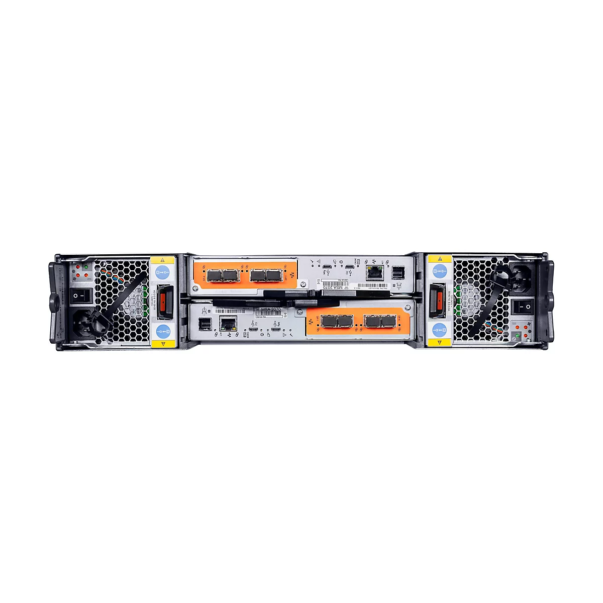 Vue de dessus d'un rack de serveur avec plusieurs composants et ventilateurs orange, sur fond blanc.
