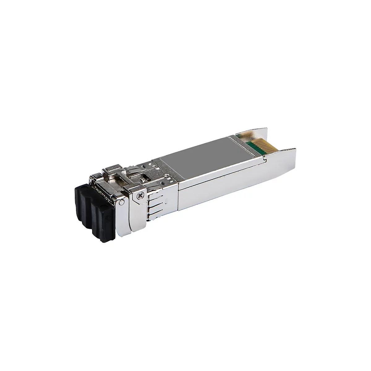 Module SFP argenté avec connecteur noir, vue détaillée. Le connecteur est à gauche.