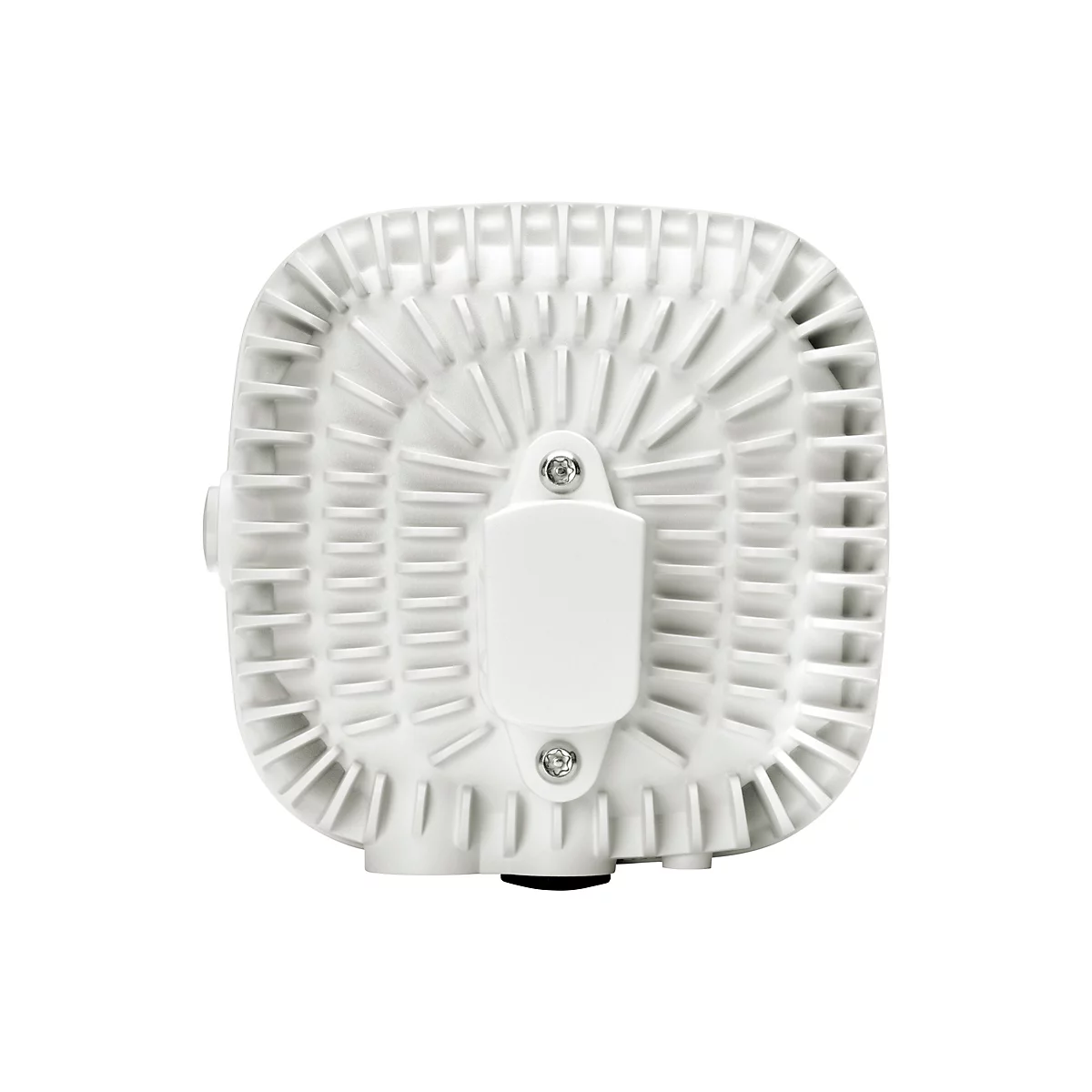 Gros plan sur l'arrière d'un luminaire LED rectangulaire blanc. La surface est caractérisée par des structures nervurées qui mènent à un élément central et rectangulaire avec des vis.