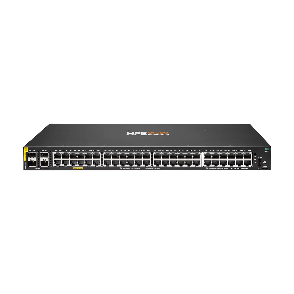 Ein schwarzer Netzwerk-Switch mit Ports und Anschlüssen. Oben ist das Logo von HPE Aruba Networking zu sehen.
