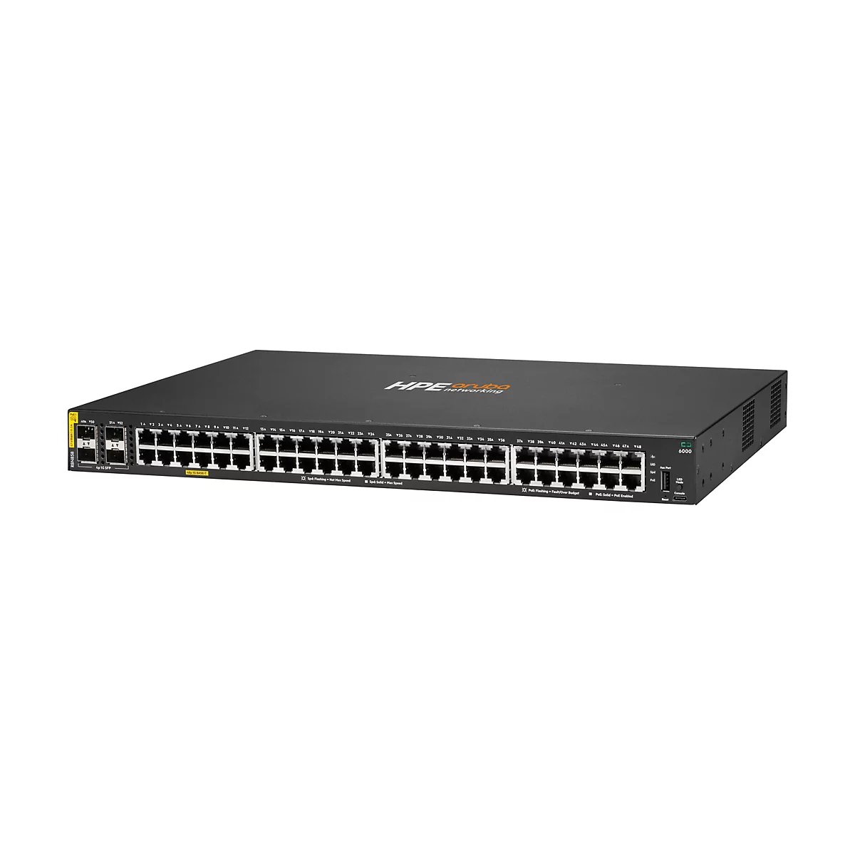 Ein schwarzer Netzwerk-Switch mit zahlreichen Anschlüssen und LED-Anzeigen, mit dem HPE Aruba-Logo. Das Gerät steht auf weißem Grund.