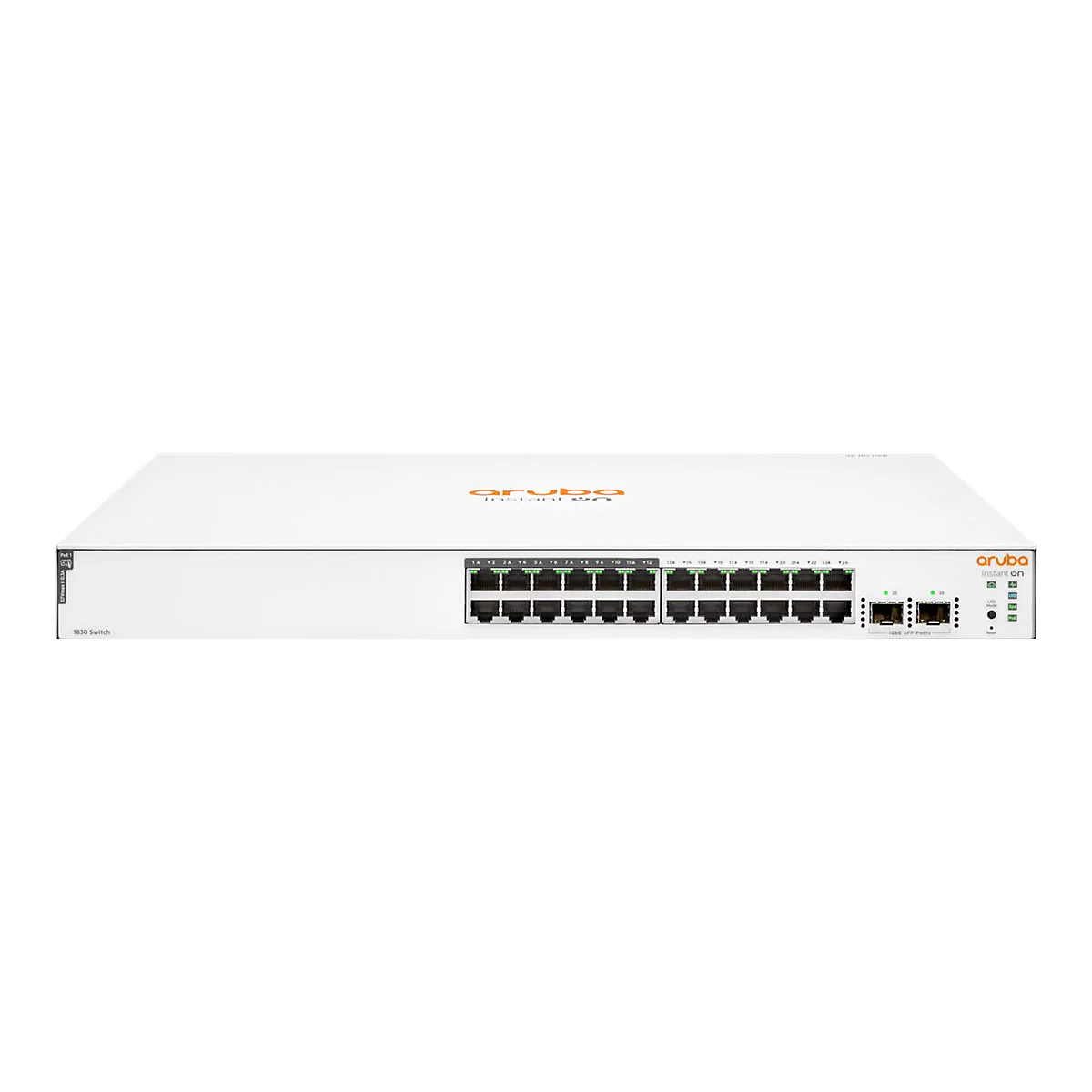 Commutateur Aruba Instant On blanc avec de nombreux ports et logo, sur fond blanc.