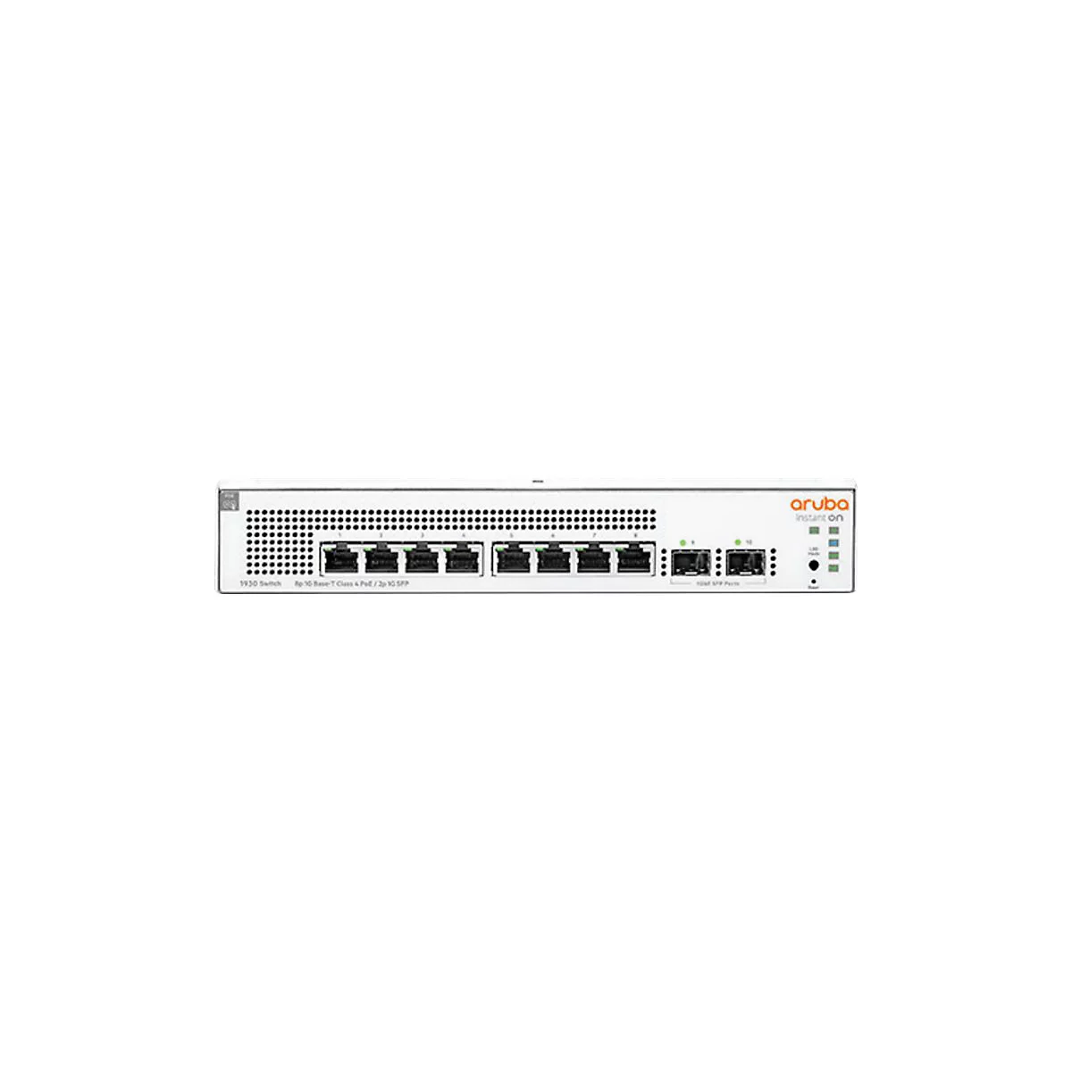 Un commutateur rÃ©seau blanc avec plusieurs ports. L'avant comporte des ports, des voyants et le nom de la marque Aruba Instant On.
