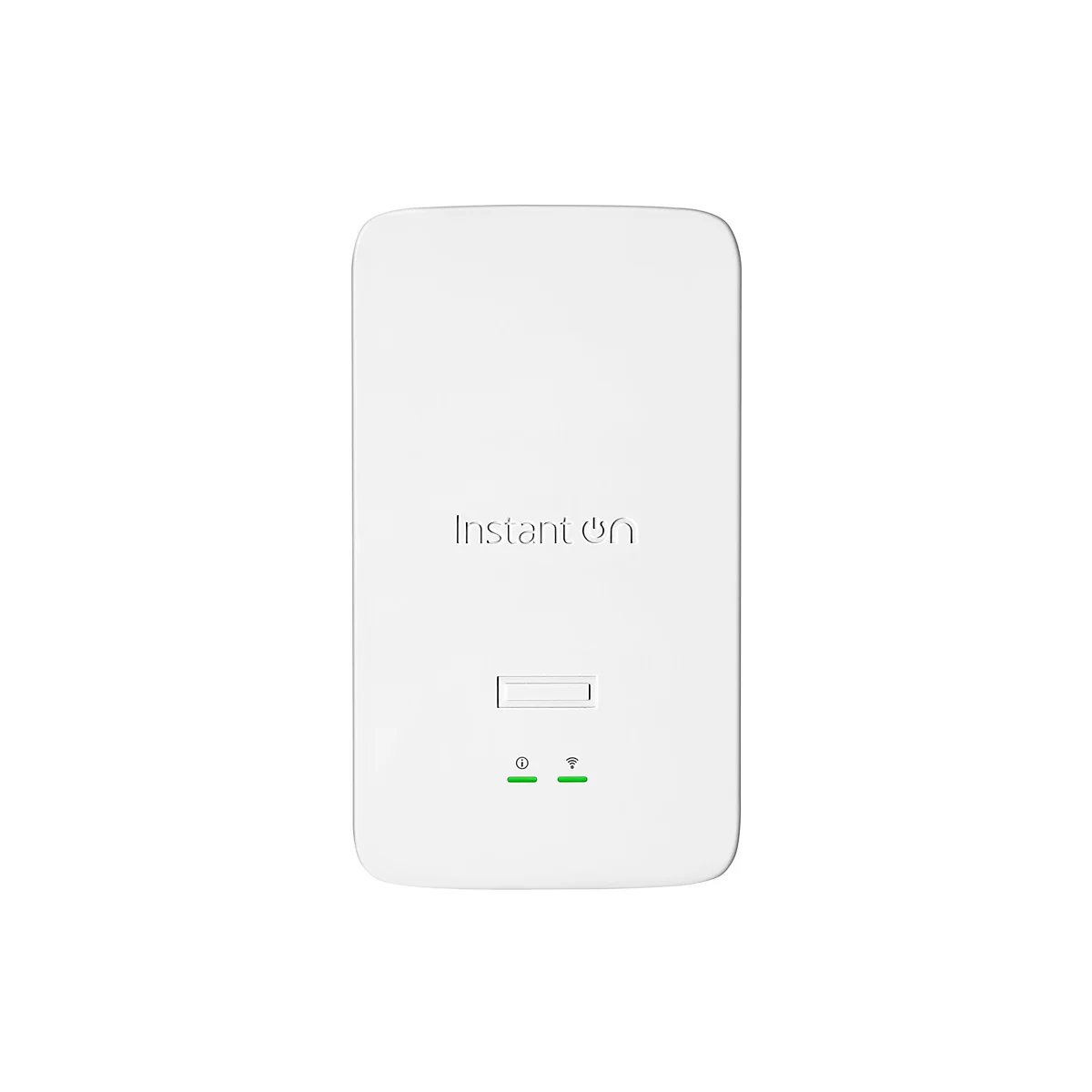 Ein weißes, rechteckiges Gerät mit abgerundeten Ecken, 'Instant On' Schriftzug und grünen LEDs.