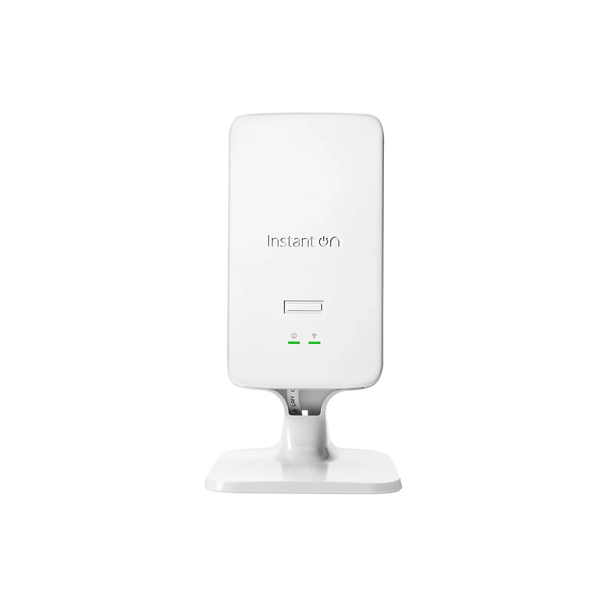 Weißes Instant On Access Point. Oben steht der Schriftzug Instant On. Darunter sind zwei grüne Lichter.
