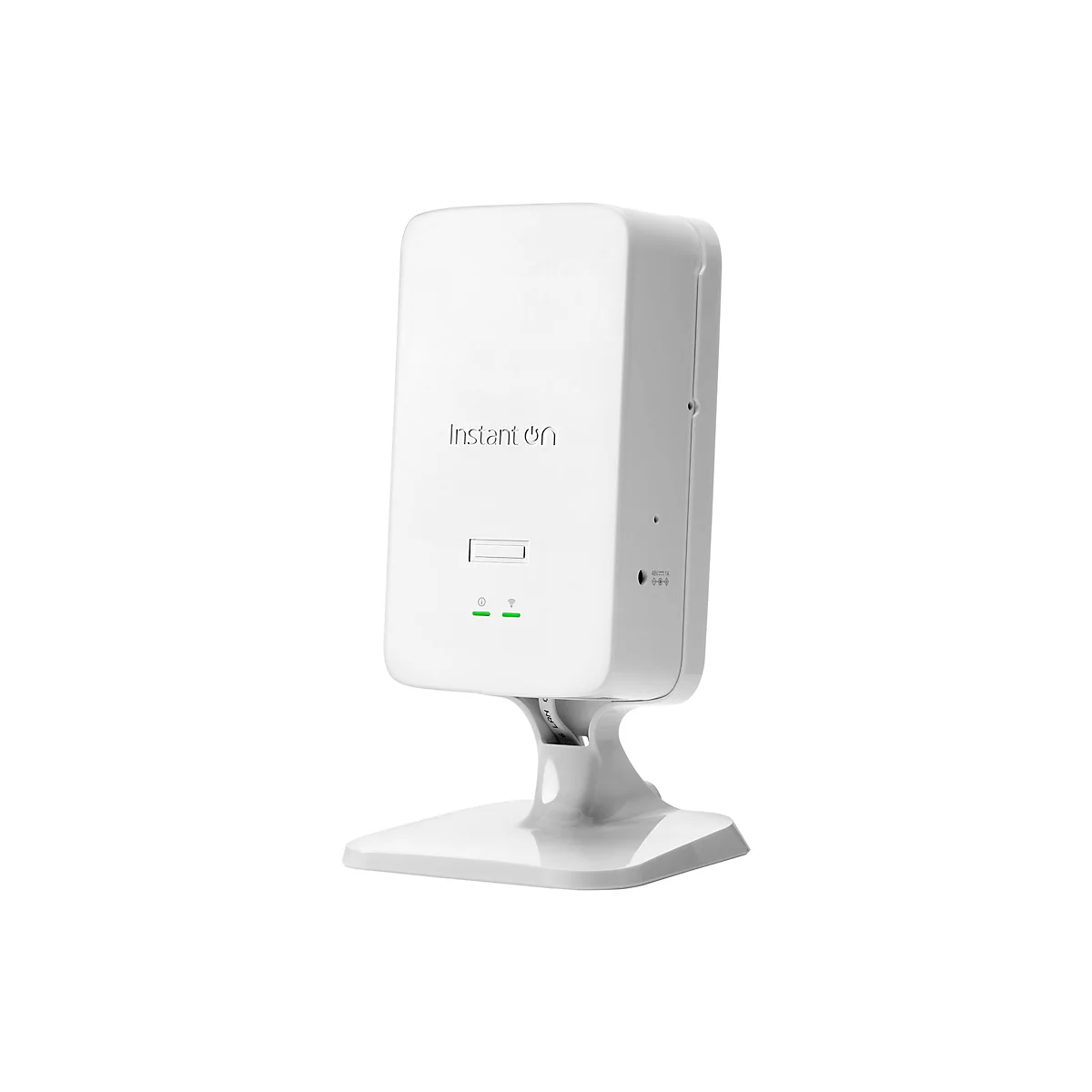 Weißes Instant On Access Point auf einem weißen Sockel. Oben steht der Name, darunter grüne LEDs.