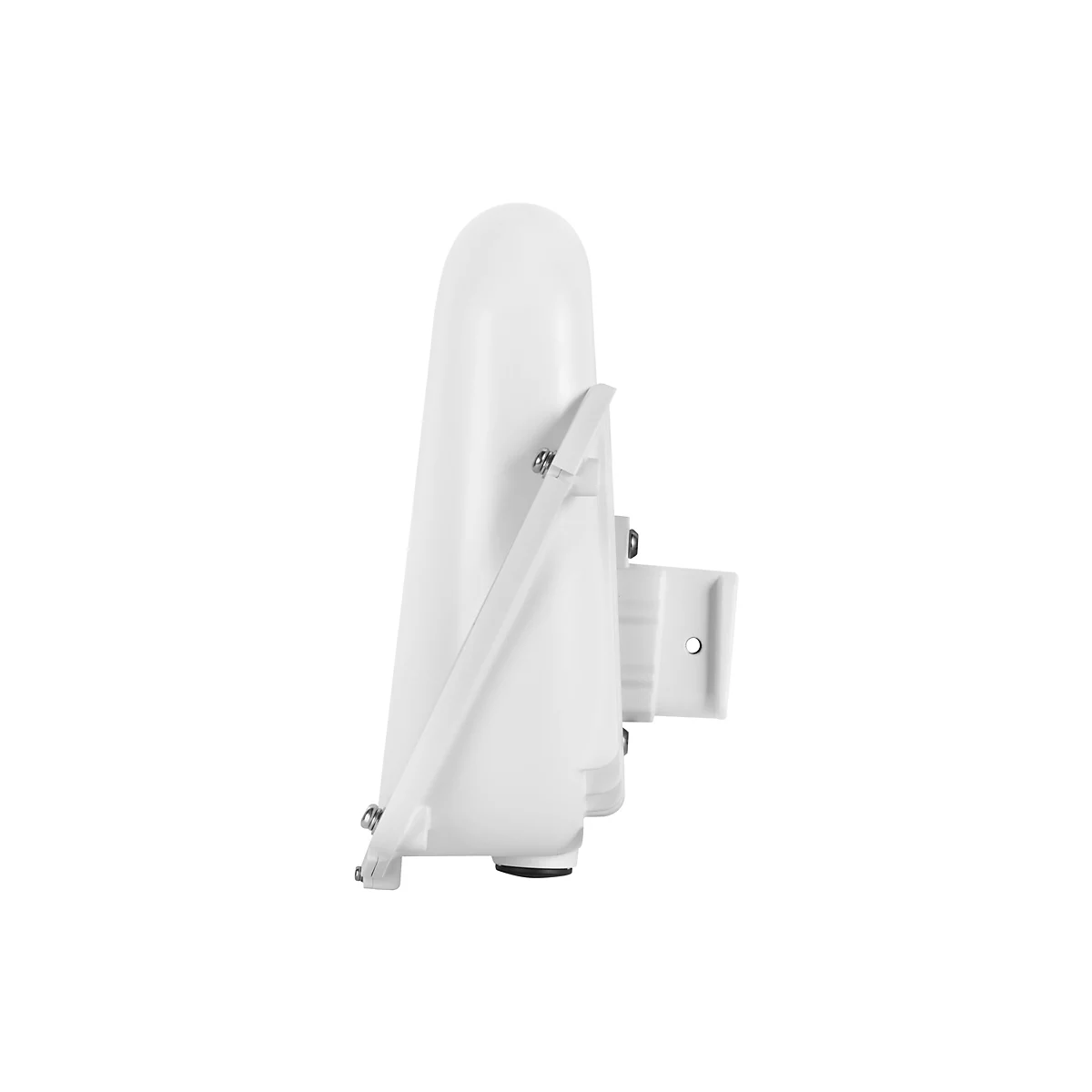 Weißes, längliches Gerät mit Halterung. Es ist vor weißem Hintergrund von der Seite fotografiert.