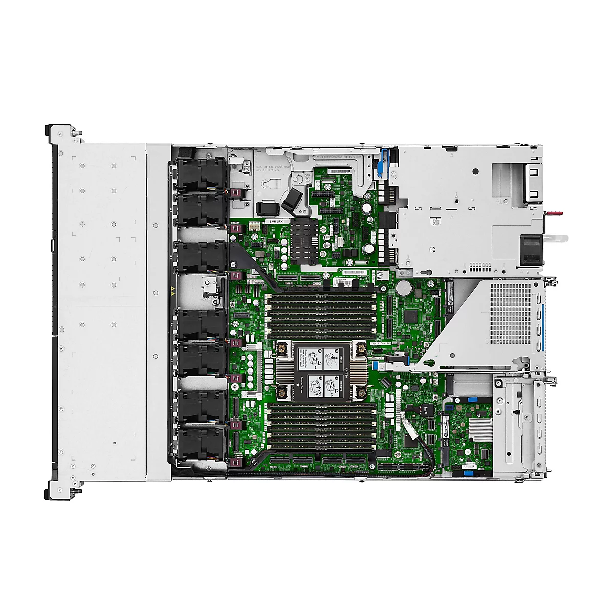 Draufsicht auf die offene Innenseite eines Servers. Grüne Leiterplatten mit zahlreichen Komponenten und Kühlkörpern sind zu sehen, ebenso wie Lüfter und Anschlussbereiche.