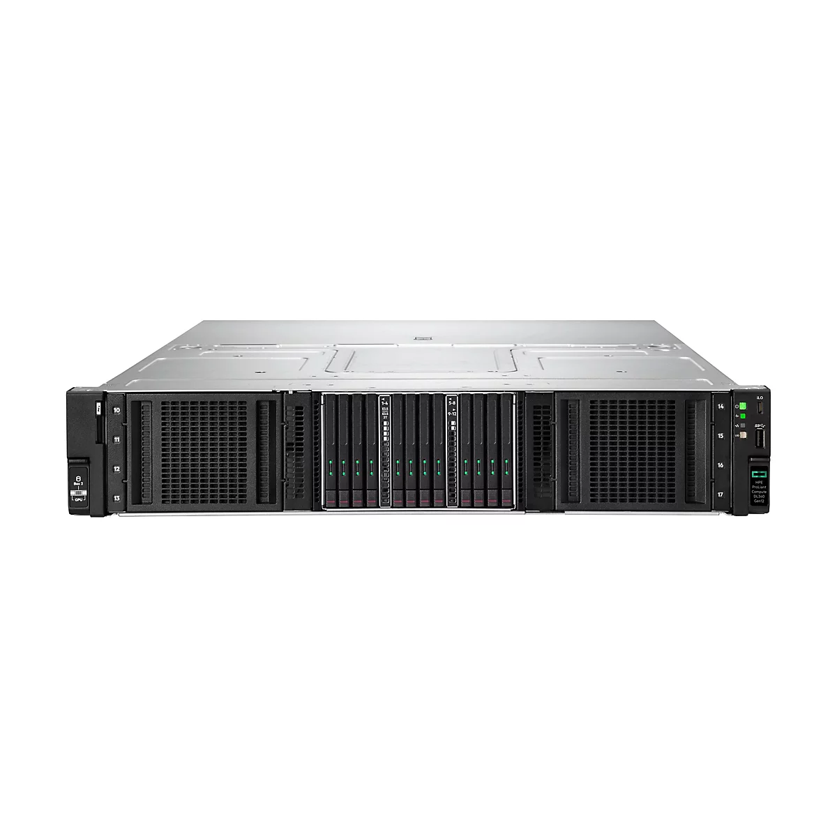 Un serveur en rack avec plusieurs emplacements pour disques durs, affichages et ports.