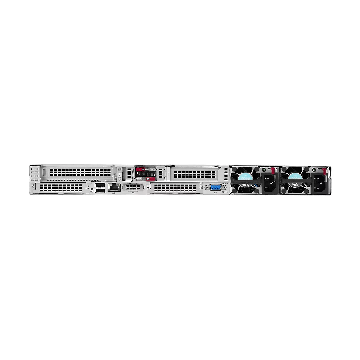 Rückansicht eines schwarzen Servers mit Lüftern und Anschlüssen. Der Server ist auf weißem Hintergrund zentriert.