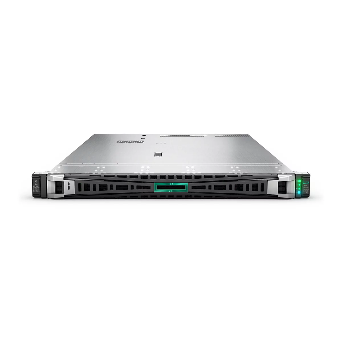 Ein grauer Server vor weißem Hintergrund. Vorne links befinden sich grüne und schwarze Bereiche mit Knöpfen und Informationen. Auf der rechten Seite sind Leuchten und Labels mit dem Aufdruck "HPE ProLiant Compute DL360 Gen12" zu sehen.