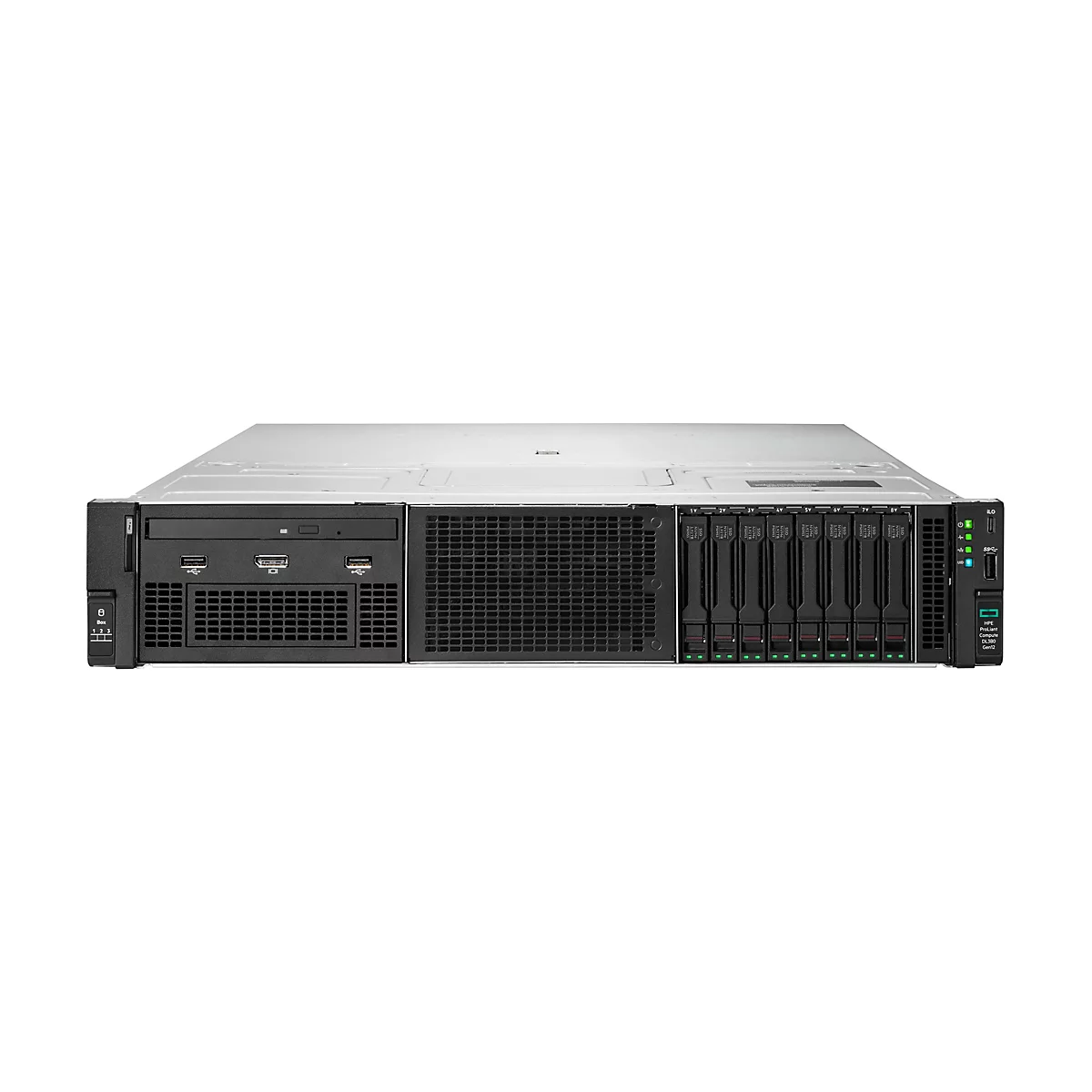 Un rack serveur avec panneau avant noir, ports USB, baies de lecteur et logo HP. Sur fond blanc.