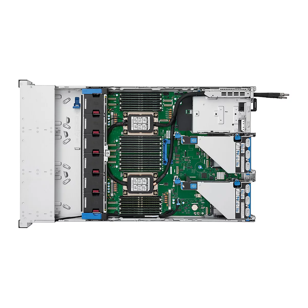 Draufsicht auf einen Server. Das Innere des Servers ist mit grünen Leiterplatten und schwarzer Verkabelung zu sehen. Laufwerksschächte auf der linken Seite. Oben sind Lüfter angebracht.