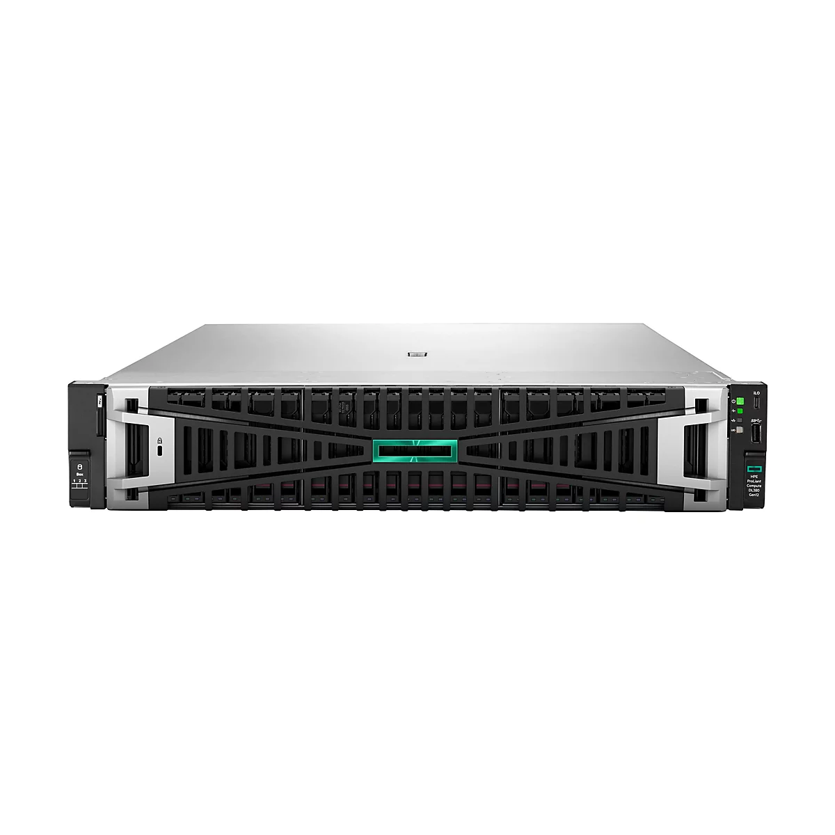 Ein Server-Rack von vorne, silberfarben mit schwarzen Lüftungsschlitzen und einem grünen Akzent. Auf der linken Seite befindet sich ein Einschub für eine Festplatte.
