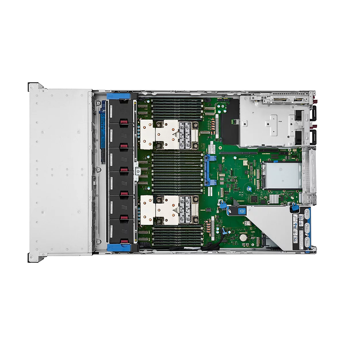 Draufsicht auf einen Server. Geöffnetes Gehäuse mit grünem Mainboard, Festplatten-Einschüben, RAM-Bänken und Lüftern.