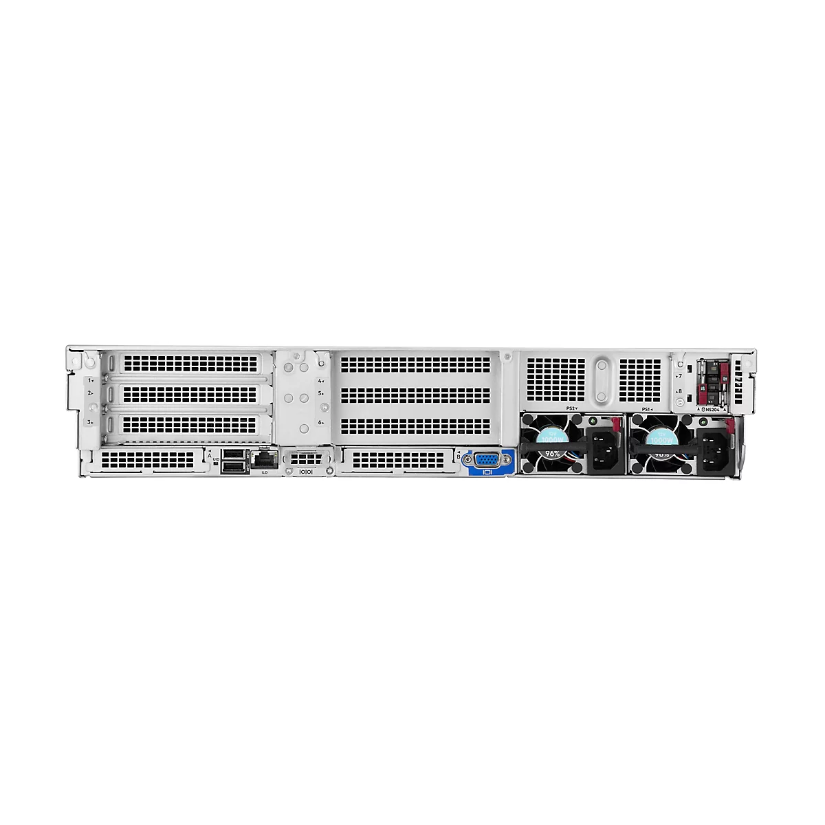 Ein Server von hinten, silberfarben mit Lüftern und Anschlüssen. Beschriftung: PS2, PS1, 1000W 96%, ILO.