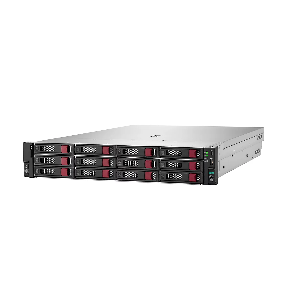 Ein Server-Rack mit schwarzen Festplatten-Einschüben und roten Details vor weißem Hintergrund. Der Server ist von der Marke HPE.