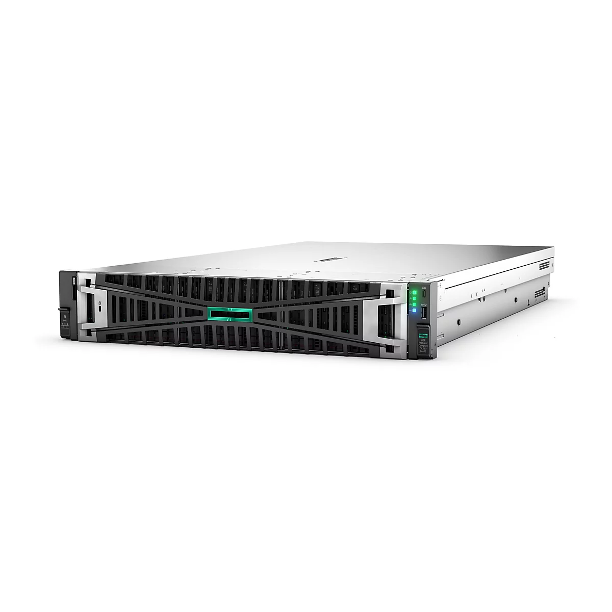 Ein Server, silberfarbenes Gehäuse mit grünem Logo. Vorne Lüftergitter, rechts Anzeigeleuchten.
