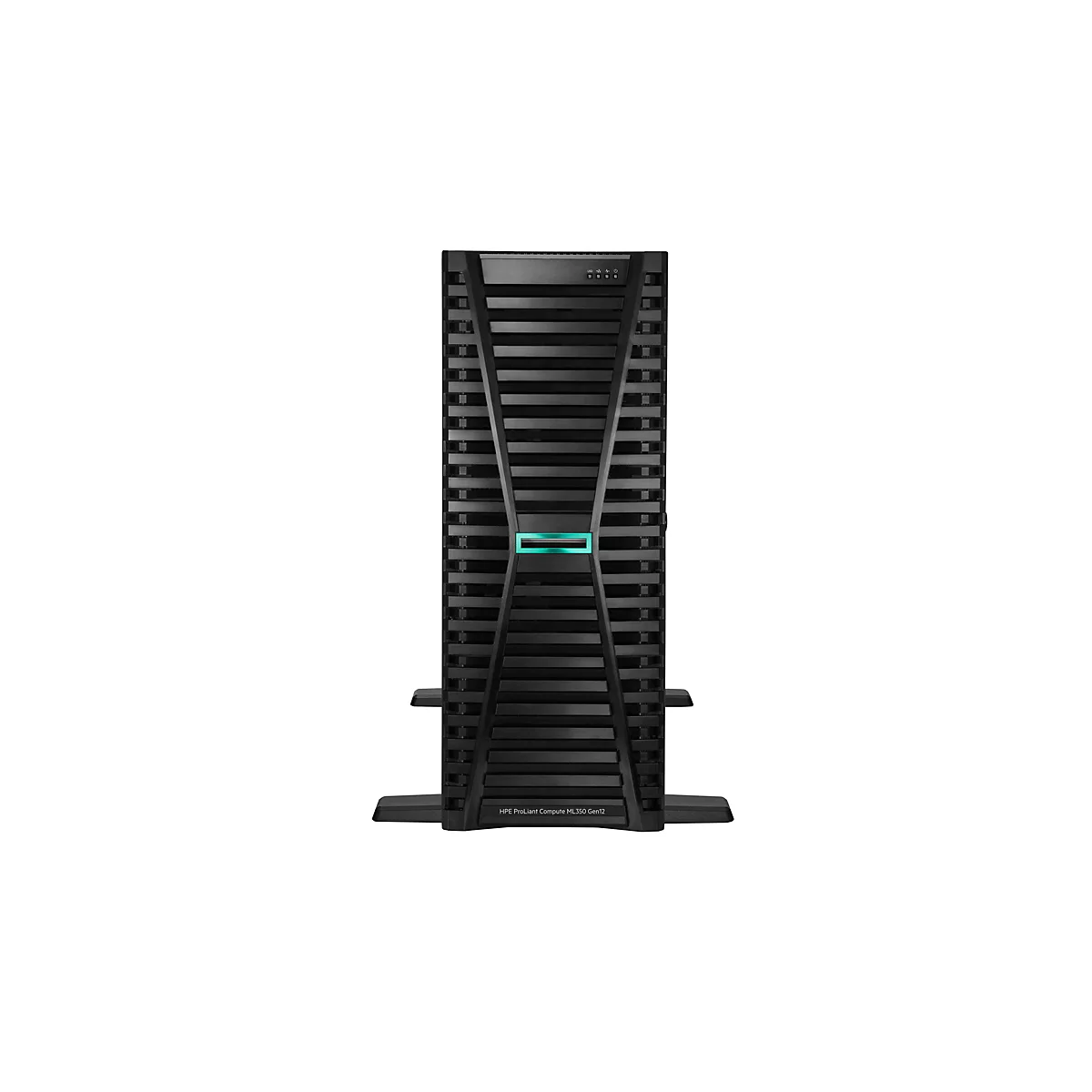 Tour serveur noire avec un point vert. Texte "HPE ProLiant Compute ML350 Gen12" en bas.