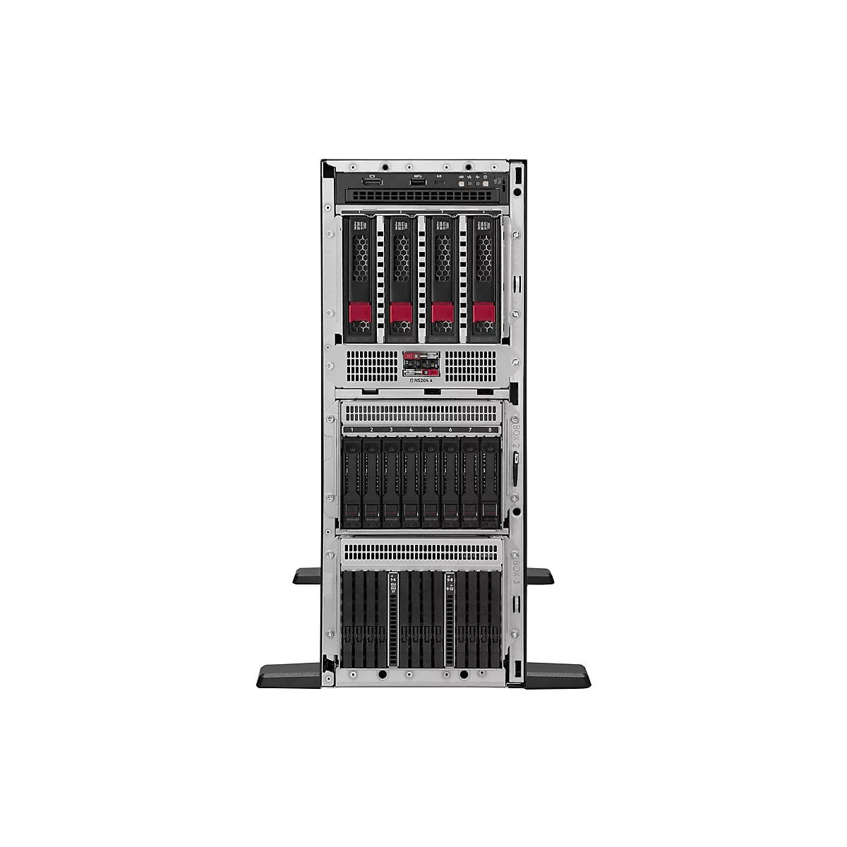 Ein Server-Rack, Frontansicht. Es hat mehrere Einschübe mit Festplatten. Rote Akzente sind sichtbar.