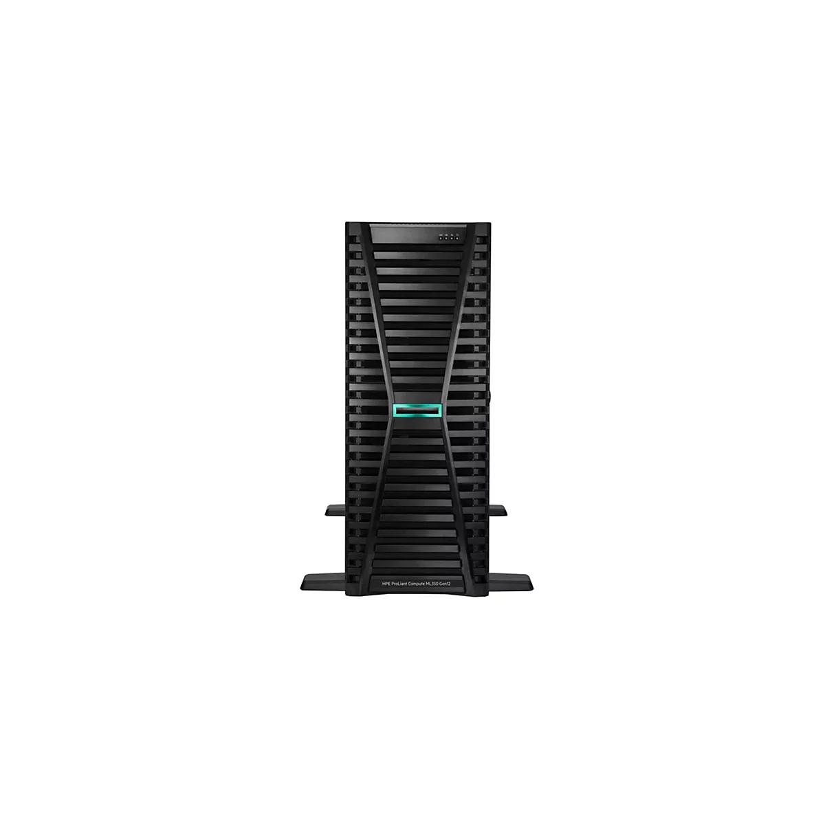 Schwarzer Server-Tower vor neutralem Hintergrund. Aufschrift: HPE ProLiant Compute ML350 Gen12.