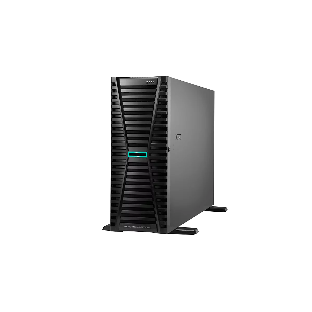 Ein schwarzer Server-Tower mit hellgrüner Markierung und Text 'HPE ProLiant Compute ML350 Gen12' vor weißem Hintergrund.