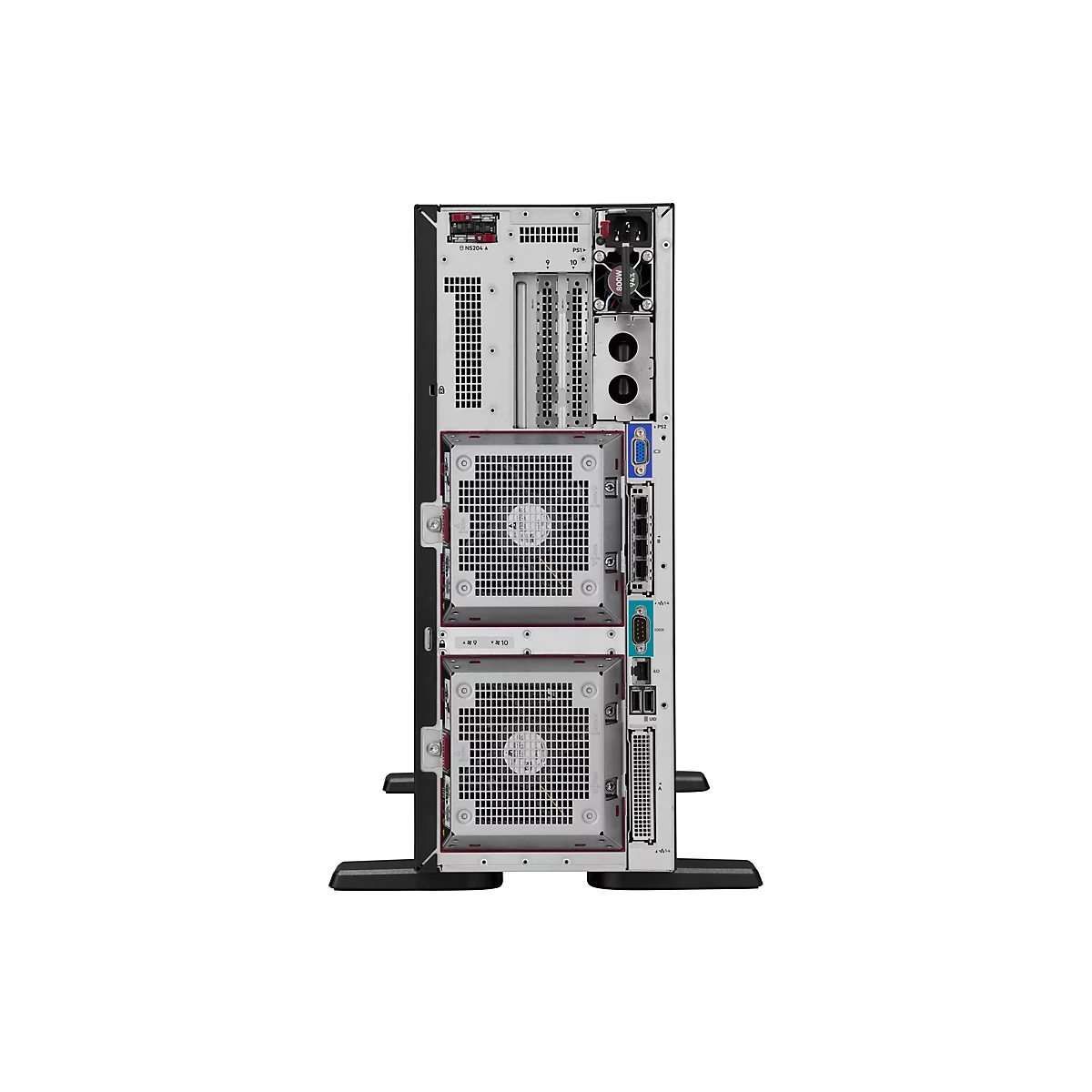 Rückansicht eines Servers mit Lüftern, Anschlüssen und Labels, vor weißem Hintergrund.