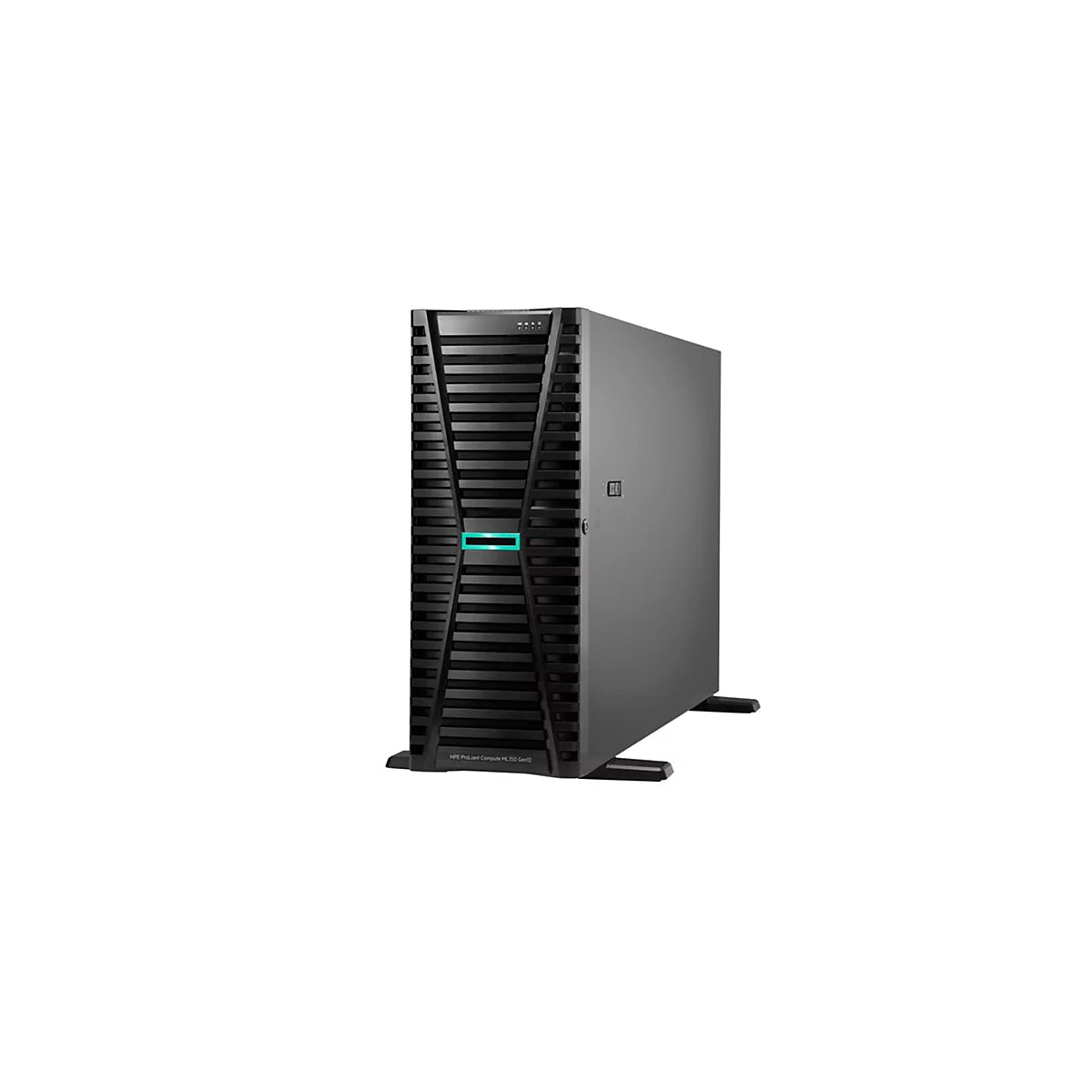 Un serveur tour noir avec des lattes verticales, un accent vert et le logo Hewlett Packard Enterprise.