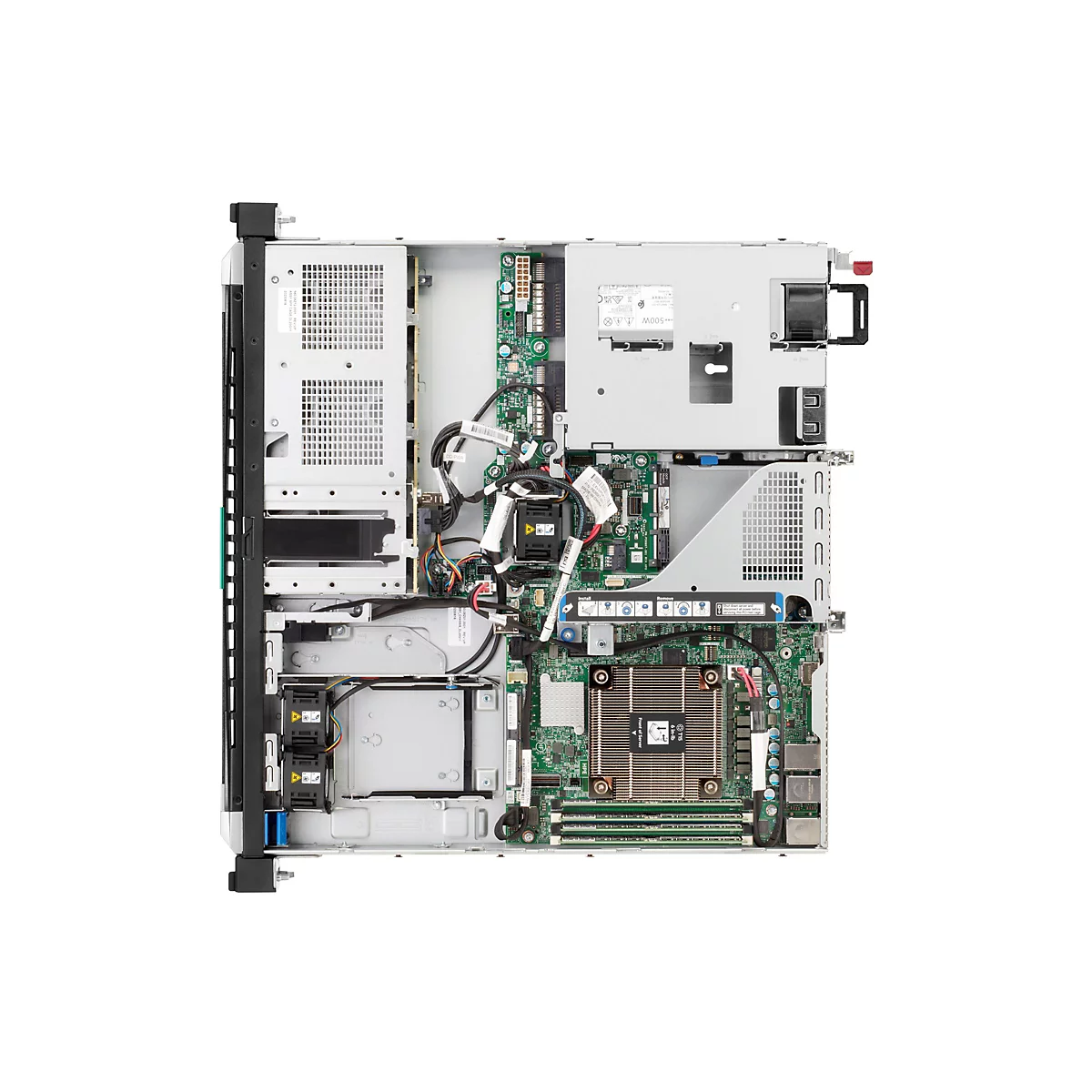 Ein offenes Servergehäuse mit sichtbaren internen Komponenten wie Motherboard, Lüftern, Kabeln und Festplatten.
