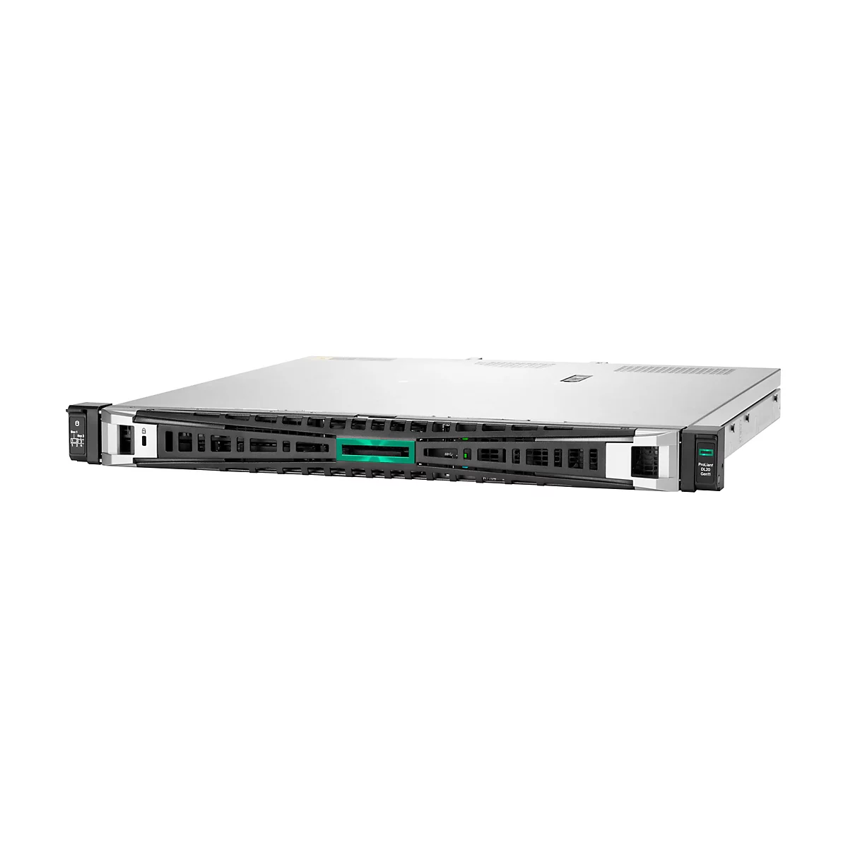 Ein Server in Silber und Schwarz auf weißem Hintergrund. Das Gerät hat Lüftungsöffnungen, Knöpfe und grüne Akzente.