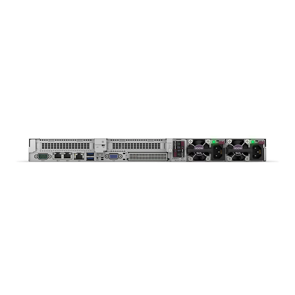 Rückansicht eines schwarzen Servers mit Lüftern und Anschlüssen. Der Server hat Lüfter mit der Aufschrift 800W und 94%.