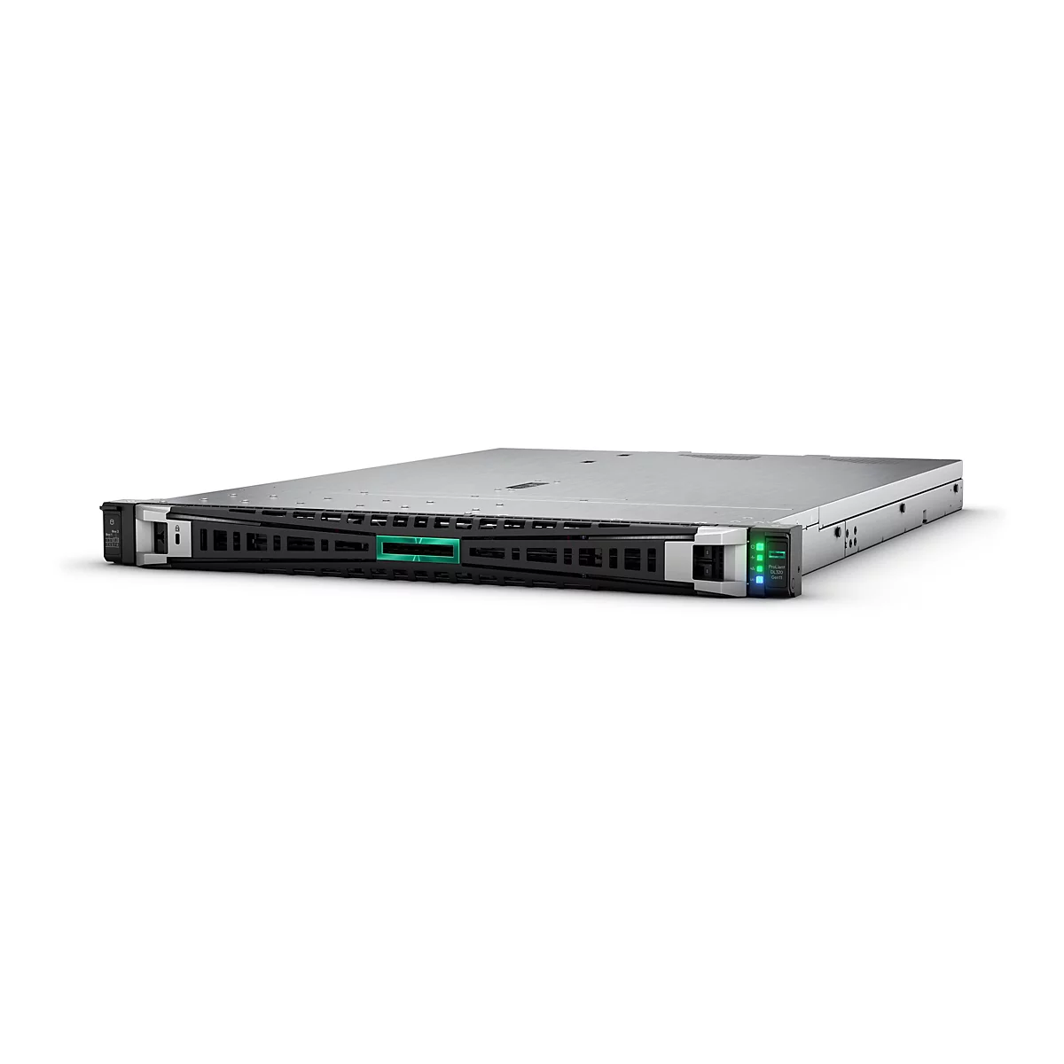 Ein Server, silberfarben mit schwarzer Front und grünem Akzent. Auf der Vorderseite sind Einschübe für Festplatten oder ähnliches zu sehen.