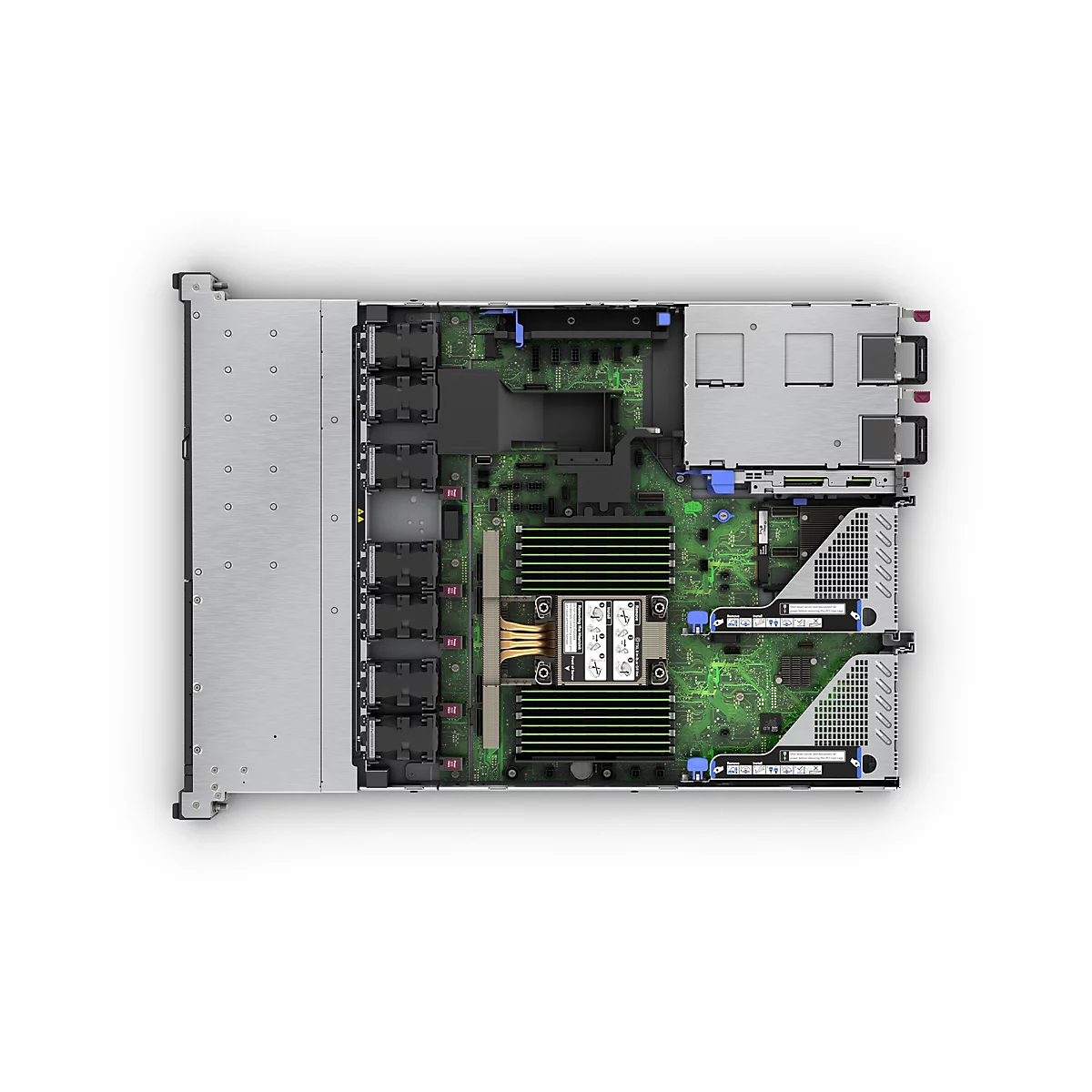 Draufsicht auf ein Server-Innenleben mit grünen Platinen und silbernen Abdeckungen. Auf der Platine sind schwarze Kühlkörper und andere Komponenten montiert.