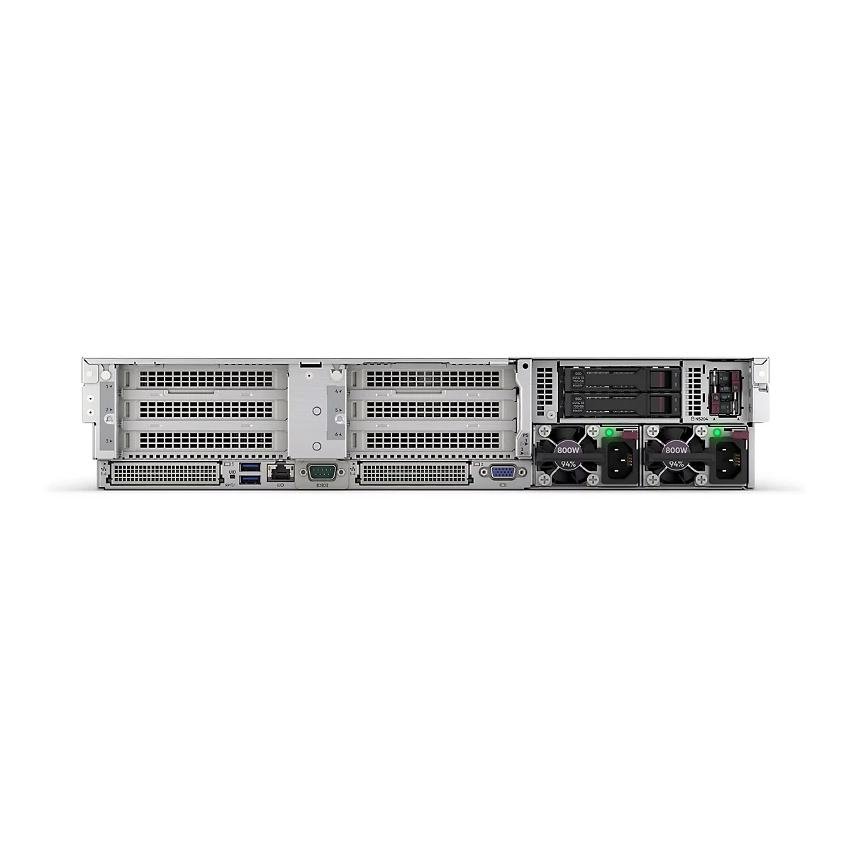 Rückansicht eines silberfarbenen Servers, der auf weißem Hintergrund steht. Lüfter, Anschlüsse und SSD-Slots sind deutlich zu sehen.