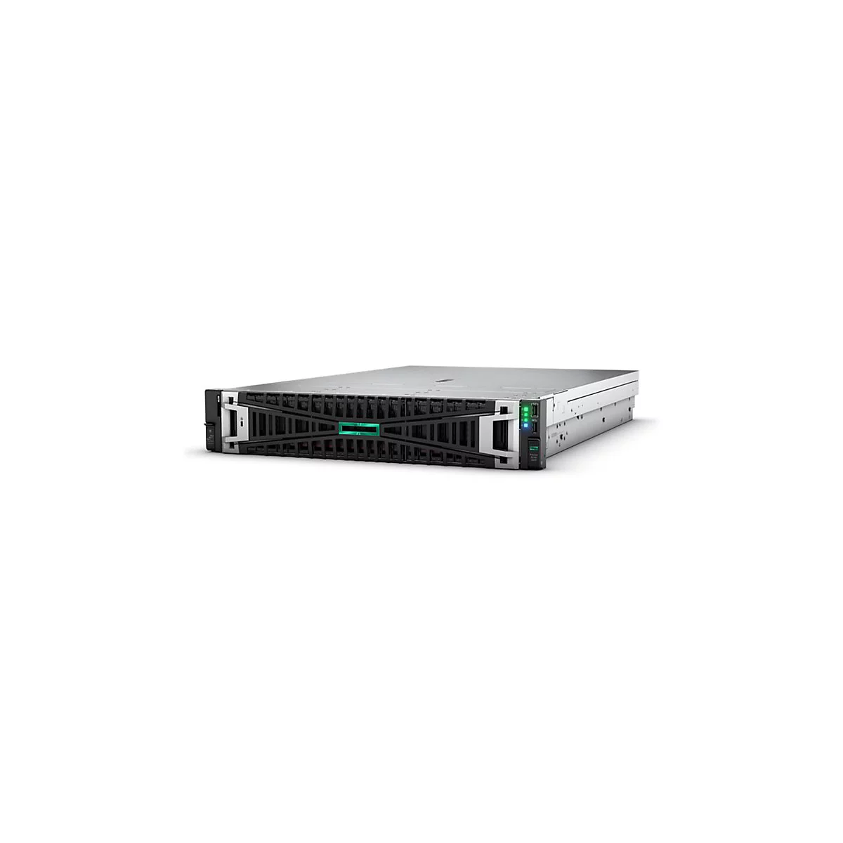 Ein Serverrack auf weißem Hintergrund. Die Vorderseite ist schwarz, mit einem grünen Logo. Oben ist ein graues Gehäuse zu sehen.