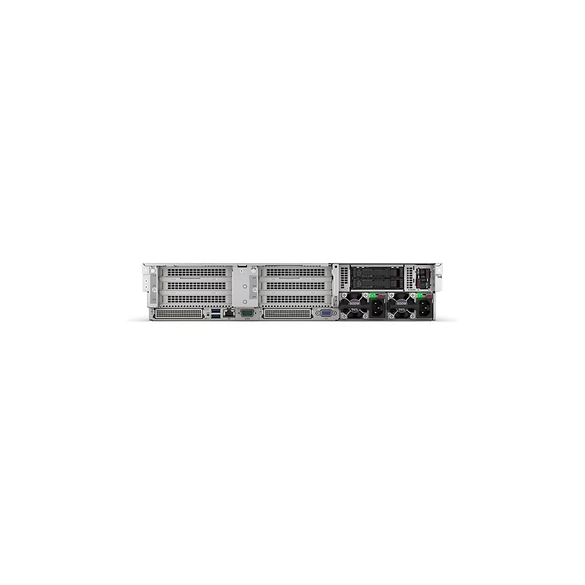 Ein Server von hinten, mit Lüftern, Steckplätzen und Anschlüssen. Der Server ist silberfarben.