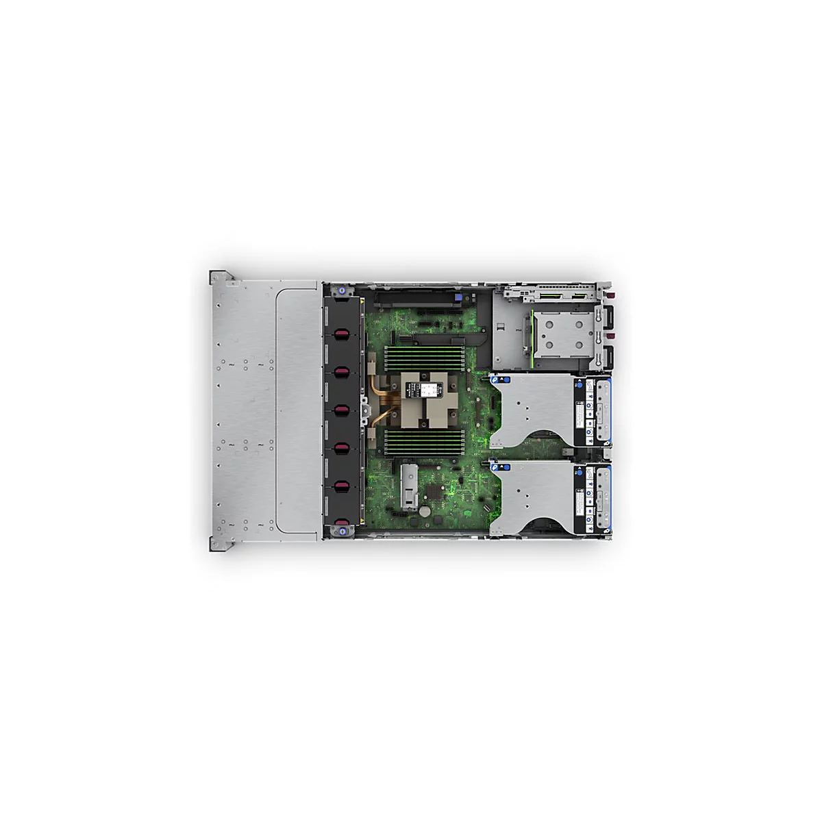 Draufsicht auf einen Server. Sichtbar sind grüne Leiterplatten, Festplatten und ein silbernes Gehäuse.