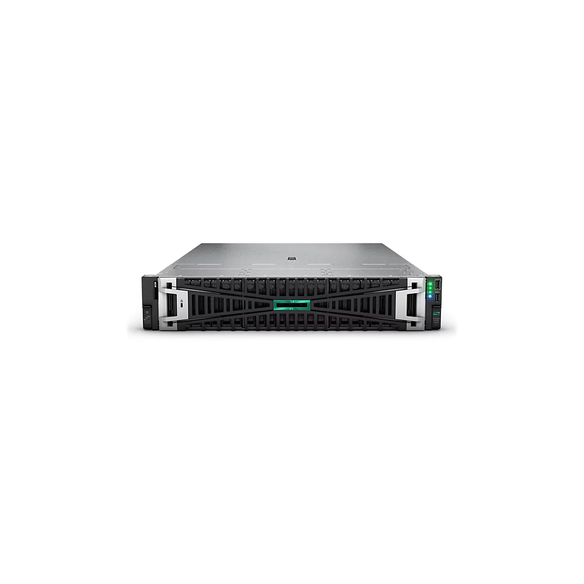 Ein Server-Rack in Schwarz und Grau mit HP-Logo. Grüne und blaue Lichter an der Vorderseite zeigen den Betrieb.