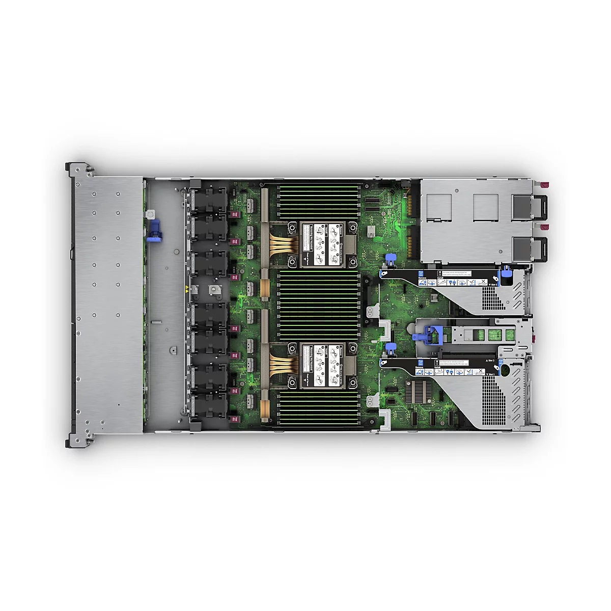 Vue de dessus d'un serveur. Le boîtier est ouvert, révélant des circuits imprimés verts avec des dissipateurs thermiques, des ventilateurs et des emplacements de composants.